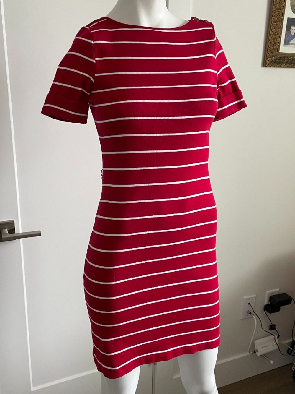 Lauren Ralph Lauren SS Boat Neck Striped 100% Cotton Summer Dress Red White XS